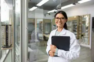 a happy female eye doctor